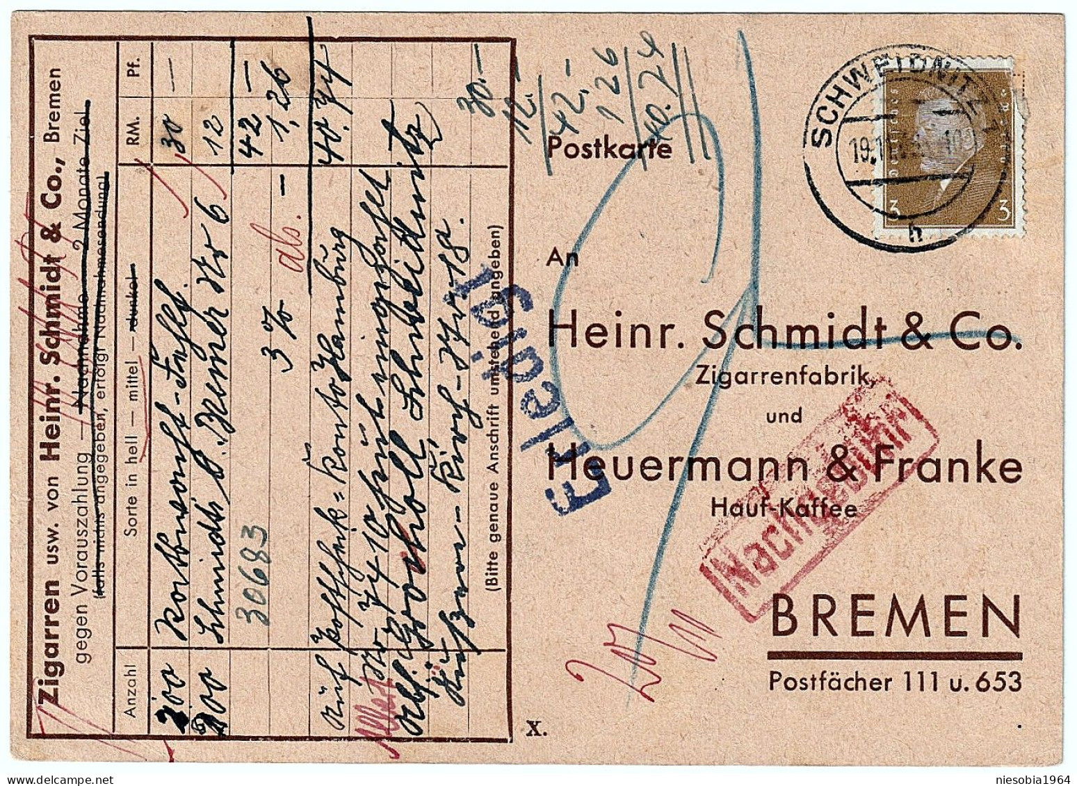 Company Postcard Heinr. Schmidt & Co.Cigar Factory And Heurenmann & Franke Hauf-Kaffe BREMEN Seal SCHWEIDNITZ 19/11/1938 - Postcards