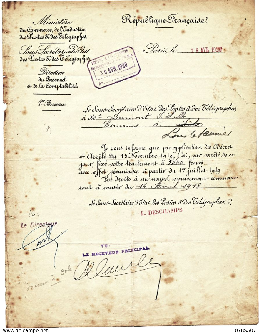 DOCUMENT POSTE JURA 1920 LETTRE MINISTERIELLE POSTES ET TELEGRAPHE DOLE PUIS LONS LE SAUNIER AUGMENTATION TRAITEMENT EMP - Historische Documenten