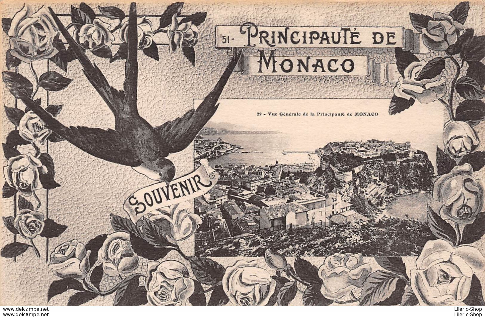 MONACO - Souvenir De La Principauté De Monaco (vue Générale) - Hirondelle Et Fleurs Cpa 1918 ( ͡♥ ͜ʖ ͡♥) ♥ - Panoramic Views