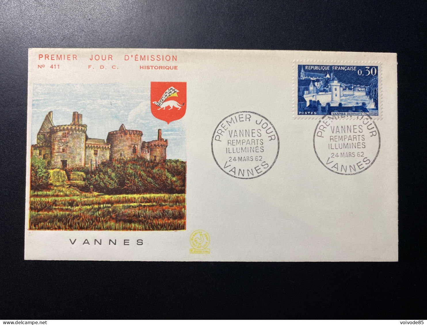 Enveloppe 1er Jour "Vannes" - 24/03/1962 - 1333 - Historique N° 411 - 1960-1969