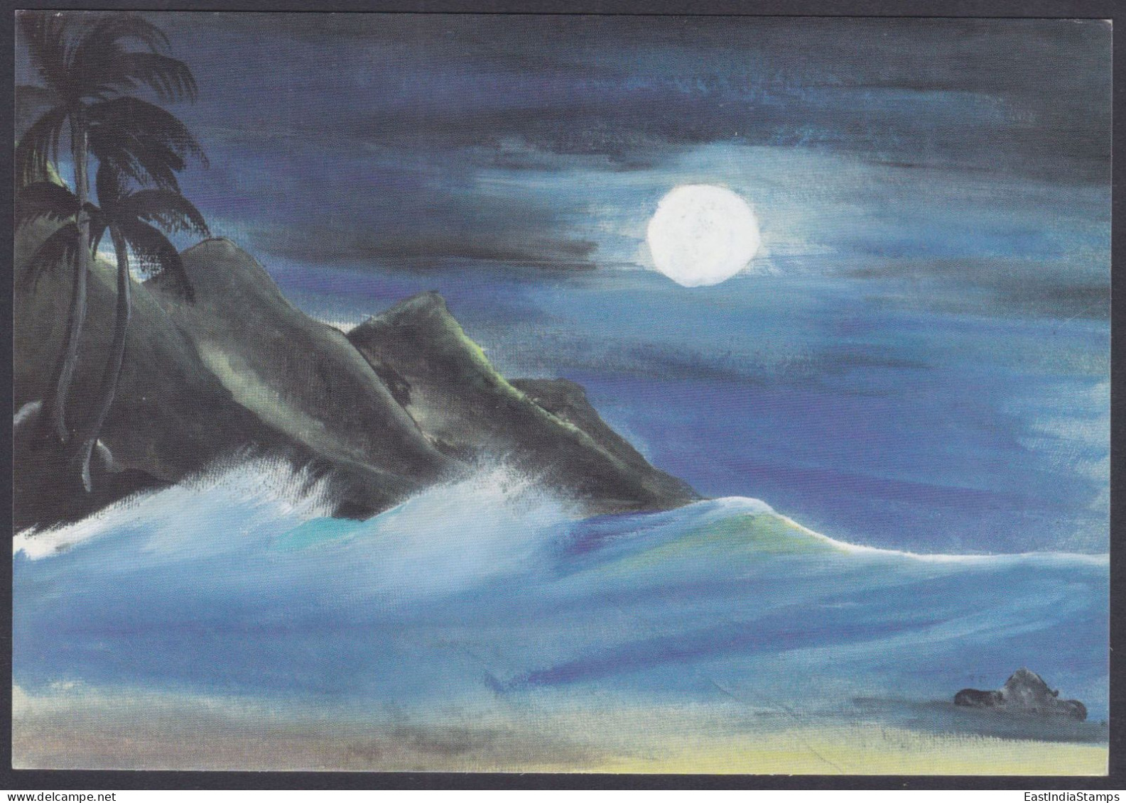 Inde India 2007 Mint Postcard Children's Day, Child, Drawing, Painting, Moon, Night, Trees, Waves, Sea, Mountain - India