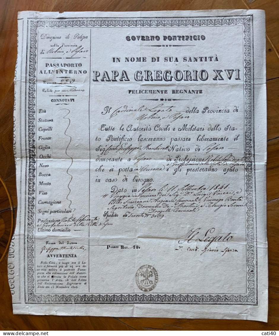 PASSAPORTO ALL'INTERNO - GOVERNO PONTIFICIO PAPA GREGORIO XVI - FIRMA AUTOGRAFA CARD. RIARIO SFORZA - 11/9/1841 - ... - Historical Documents