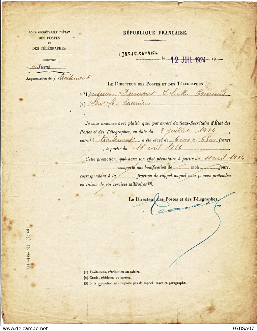 DOCUMENT POSTE JURA 1924 POSTES ET TELEGRAPHE LONS LE SAUNIER AUGMENTATION TRAITEMENT EMPLOYE POSTES MODELE 119 415 1922 - Historical Documents