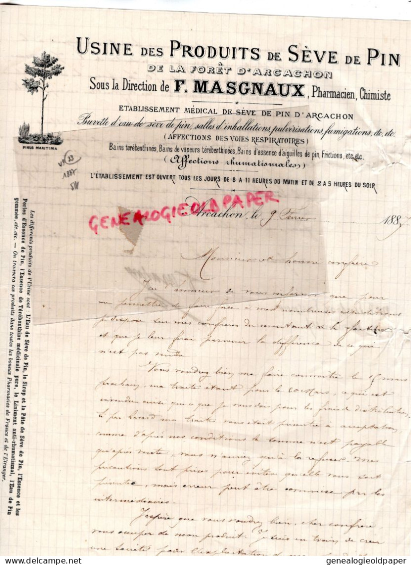 33- ARCACHON- RARE FACTURE F. MASGNAUX-PHARMACIE PHARMACIEN CHIMISTE- USINE PRODUITS SEVE DE PIN-1887 - Petits Métiers