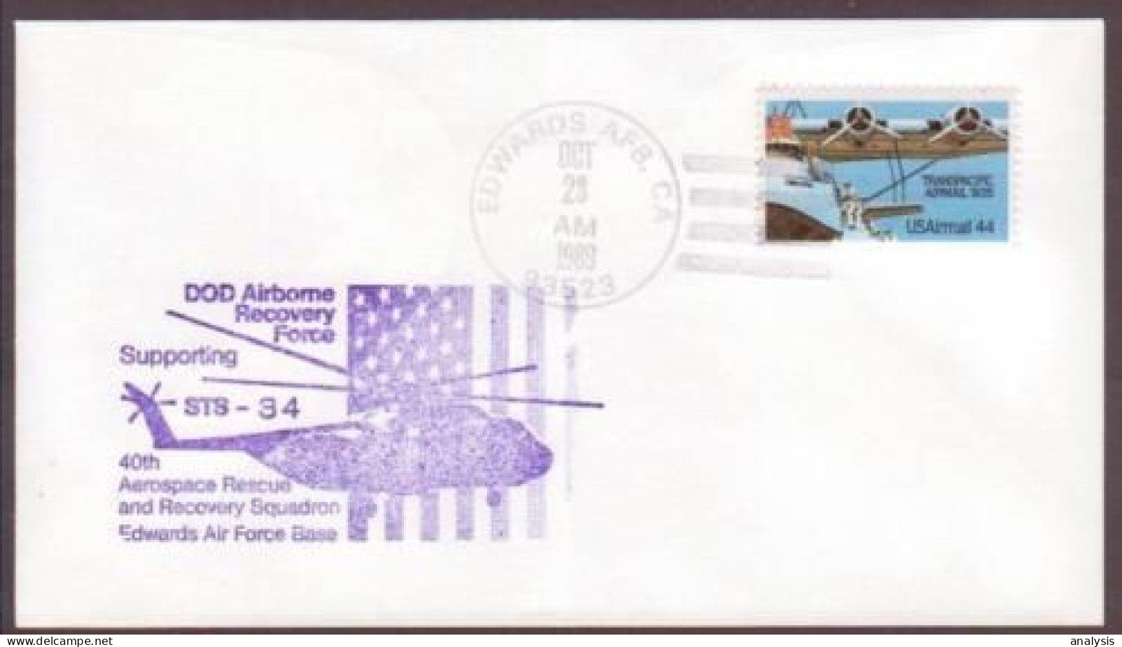 US Space Cover 1989. Atlantis STS-34 Landing. Recovery Support DOD Airborne - United States
