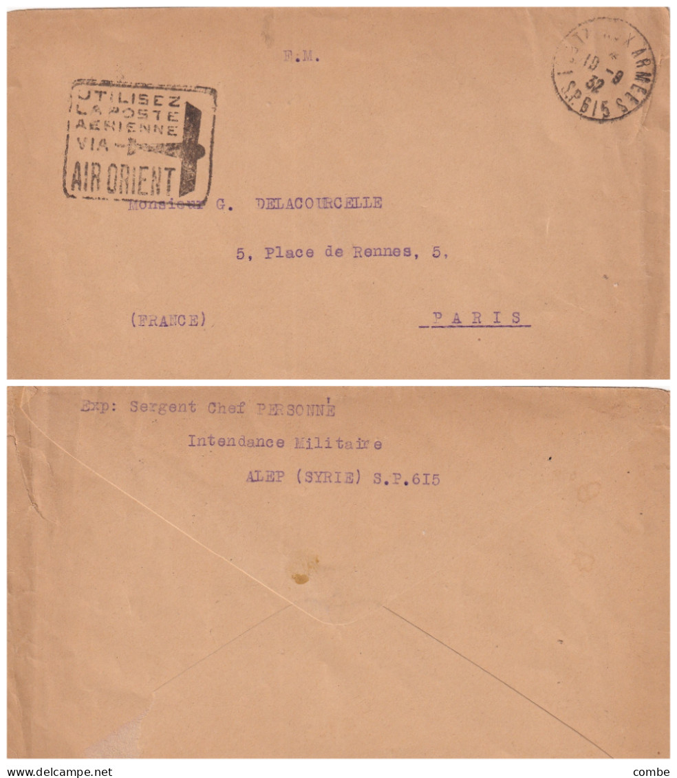 LETTRE. 19 8 1932. FM. SP 615. ALEP. SYRIE. UTILISEZ LA POSTE AERIENNE VIA AIR ORIENT. POUR PARIS - Covers & Documents