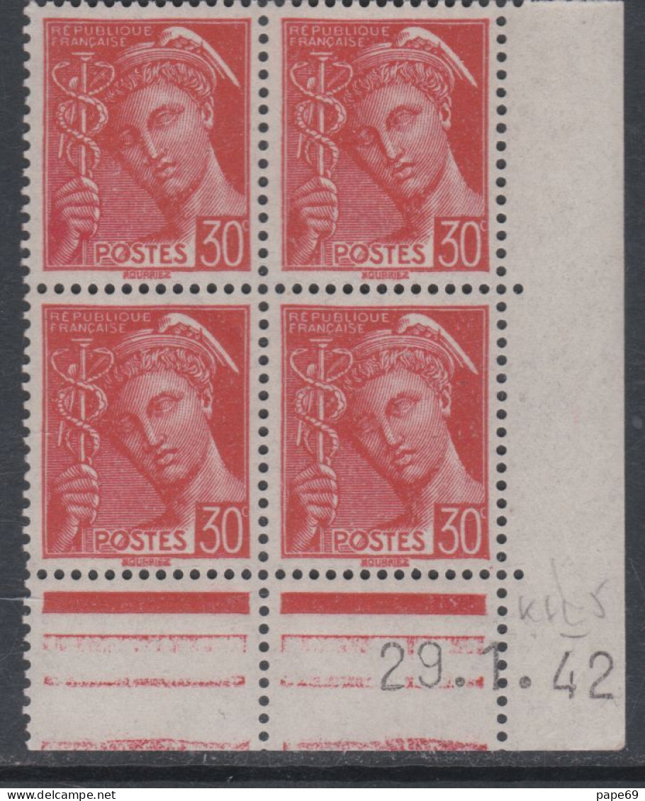 France N° 412 XX Type Mercure : 30 C. Rouge En Bloc De 4 Coin Daté Du 29 . 1 . 42 ; Sans Pt Blanc, Sans Ch., TB - 1940-1949