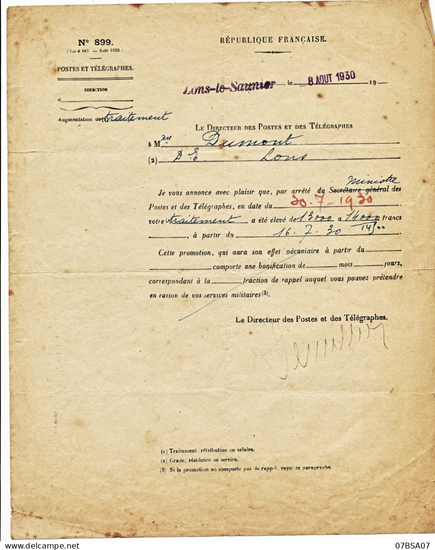 DOCUMENT POSTE JURA DOC 1930 LETTRE AUGMENTATION DE TRAITEMENT DIRECTEUR POSTES LONS LE SAUNIER - Historical Documents