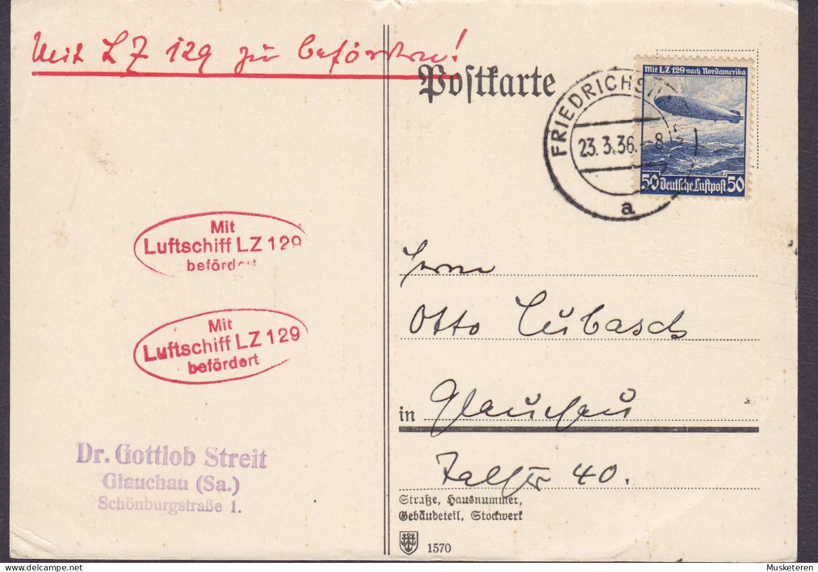 Deutsches Reich Zeppelin-Post DOUBLE Red Cds. Im Oval 'Mit Luftschiff LZ 129 Befördert' FRIEDRICHSHAFEN 1936 Postkarte - Luchtpost & Zeppelin