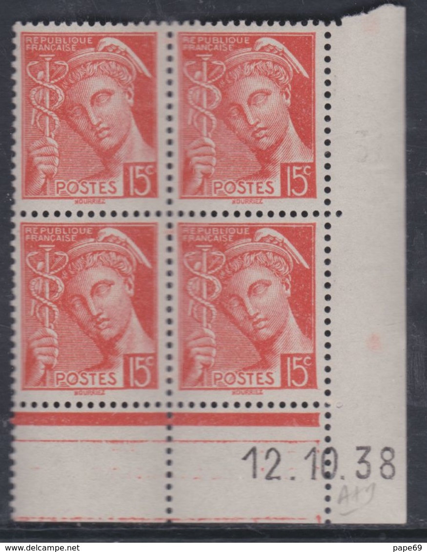 France N° 408 XX Type Mercure : 15 C. Vermillon En Bloc De 4 Coin Daté Du 12 . 10 . 38 ;  Sans Pt Blanc, Sans Ch., TB - 1930-1939