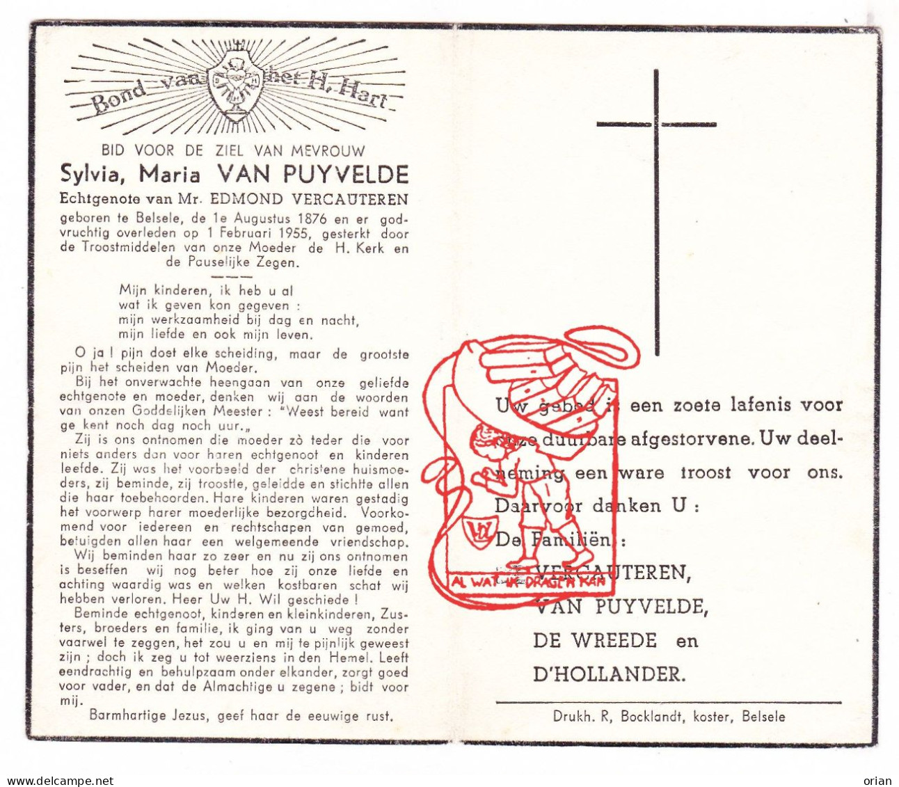 DP Sylvia Maria Van Puyvelde ° Belsele Sint-Niklaas 1876 † 1955 X Edmond Vercauteren // De Wreede D'Hollander - Devotion Images