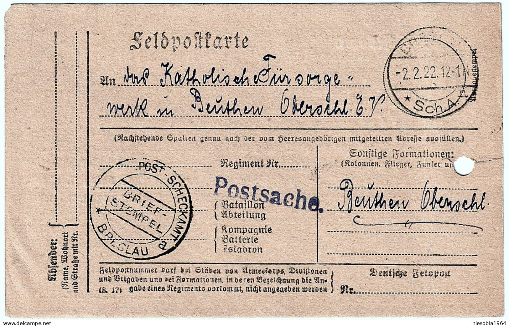 FIELD POSTCARD Letter - Stamp - Postal Check Office Breslau 02/02/1922 - FELDPOSTKARTE Brief -Stempel - Postscheckamt - Postkarten