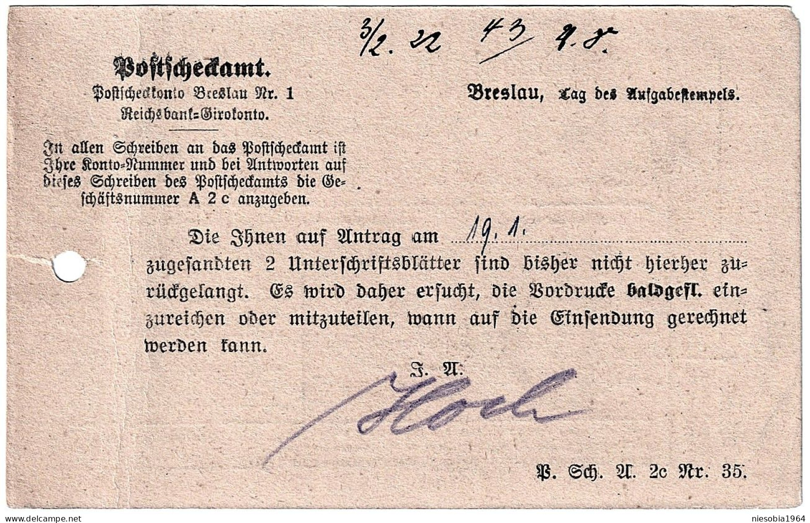 FIELD POSTCARD Letter - Stamp - Postal Check Office Breslau 02/02/1922 - FELDPOSTKARTE Brief -Stempel - Postscheckamt - Tarjetas