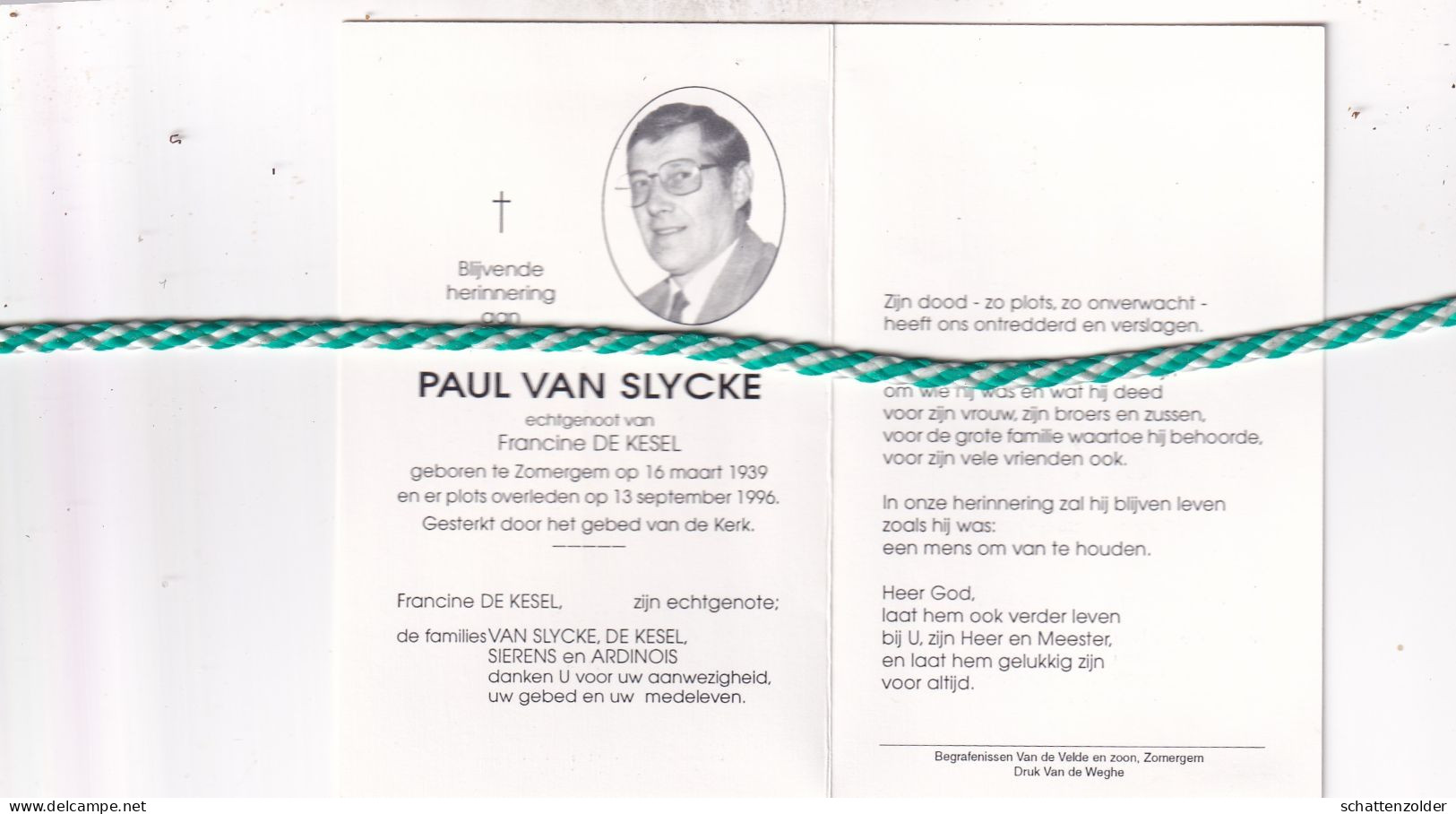 Paul Van Slycke-De Kesel, Zomergem 1939, 1996. Foto - Décès