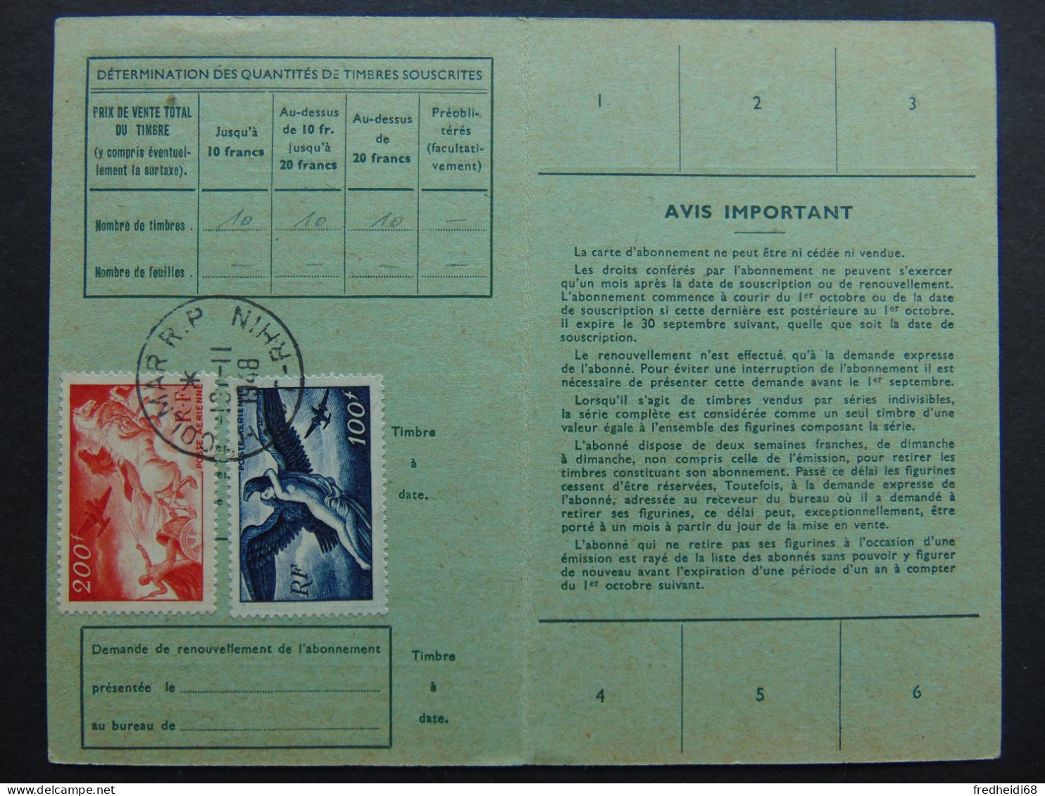 Les N°. 18 Et 19 De Poste Aérienne Sur Carte D'abonnement Aux Timbres-Poste - 1927-1959 Lettres & Documents