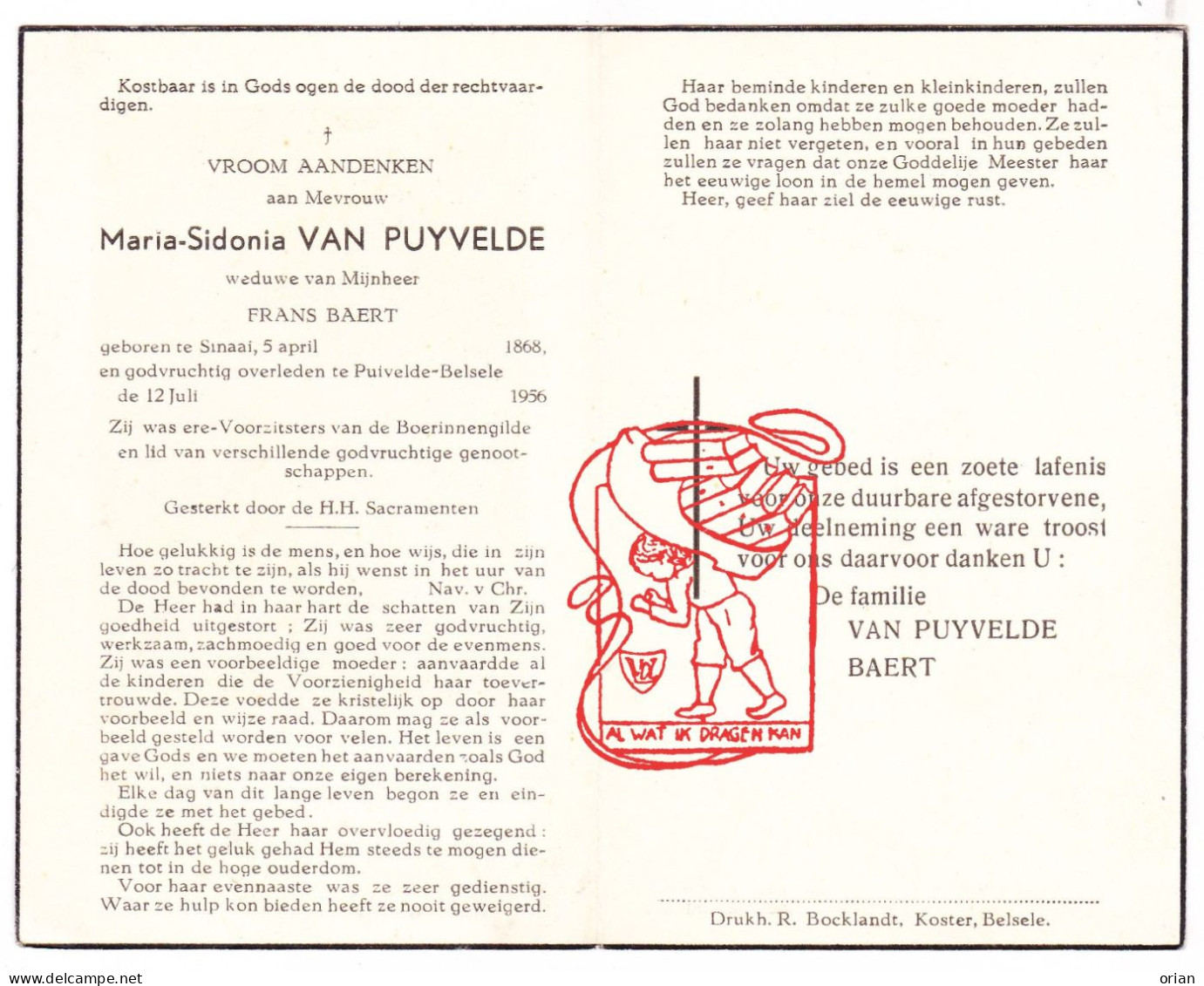 DP Maria Sidonia Van Puyvelde ° Sinaai Sint-Niklaas 1868 † Puivelde Belsele 1956 X Frans Baert - Devotion Images