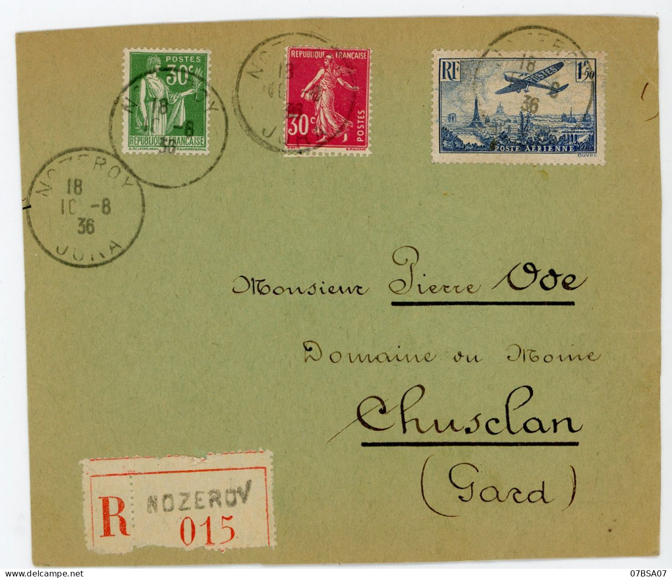 JURA CARTON DESSUS DE PAQUET1936 NOZEROY RECOMMANDE - Briefe U. Dokumente