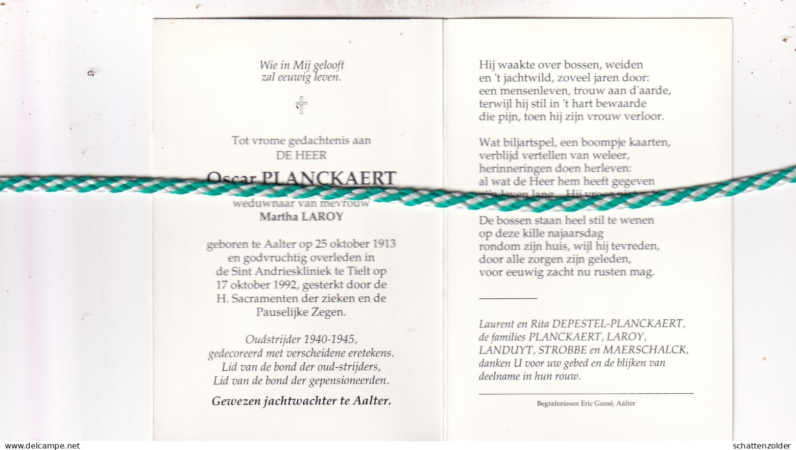 Oscar Planckaert-Laroy, Aalter 1913, Tielt 1992. Oud-strijder 40-45; Gewezen Jachtwachter Aalter; Foto - Todesanzeige