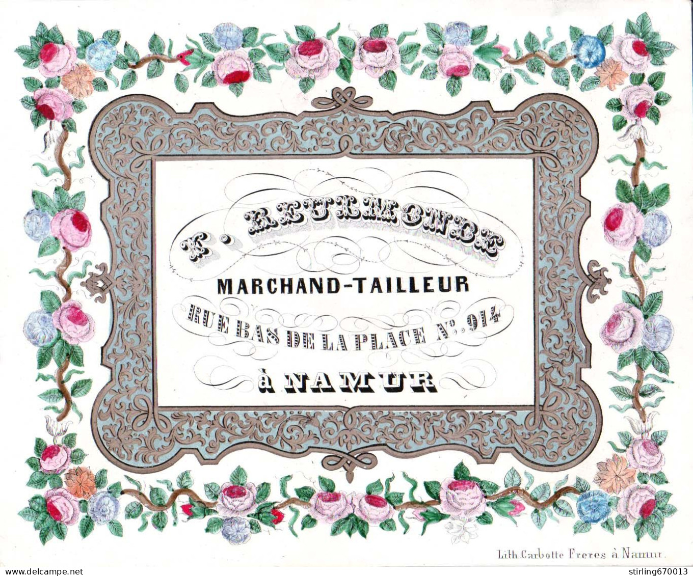 DE 1892 - Carte Porcelaine De F. Reulmonde, Marchand-Tailleur, Namur, Imp Carbotte. - Autres & Non Classés