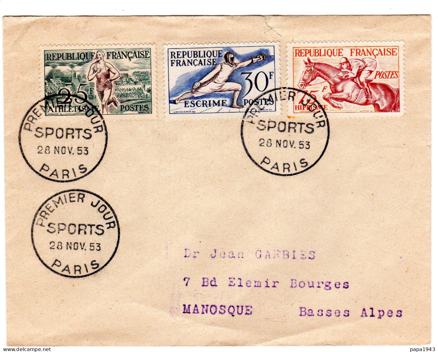 1953  PREMIER JOUR SPORTS "  ATHLETISME - ESCRIME - HIPPISME  " En Recommandé De PARIS - Brieven En Documenten