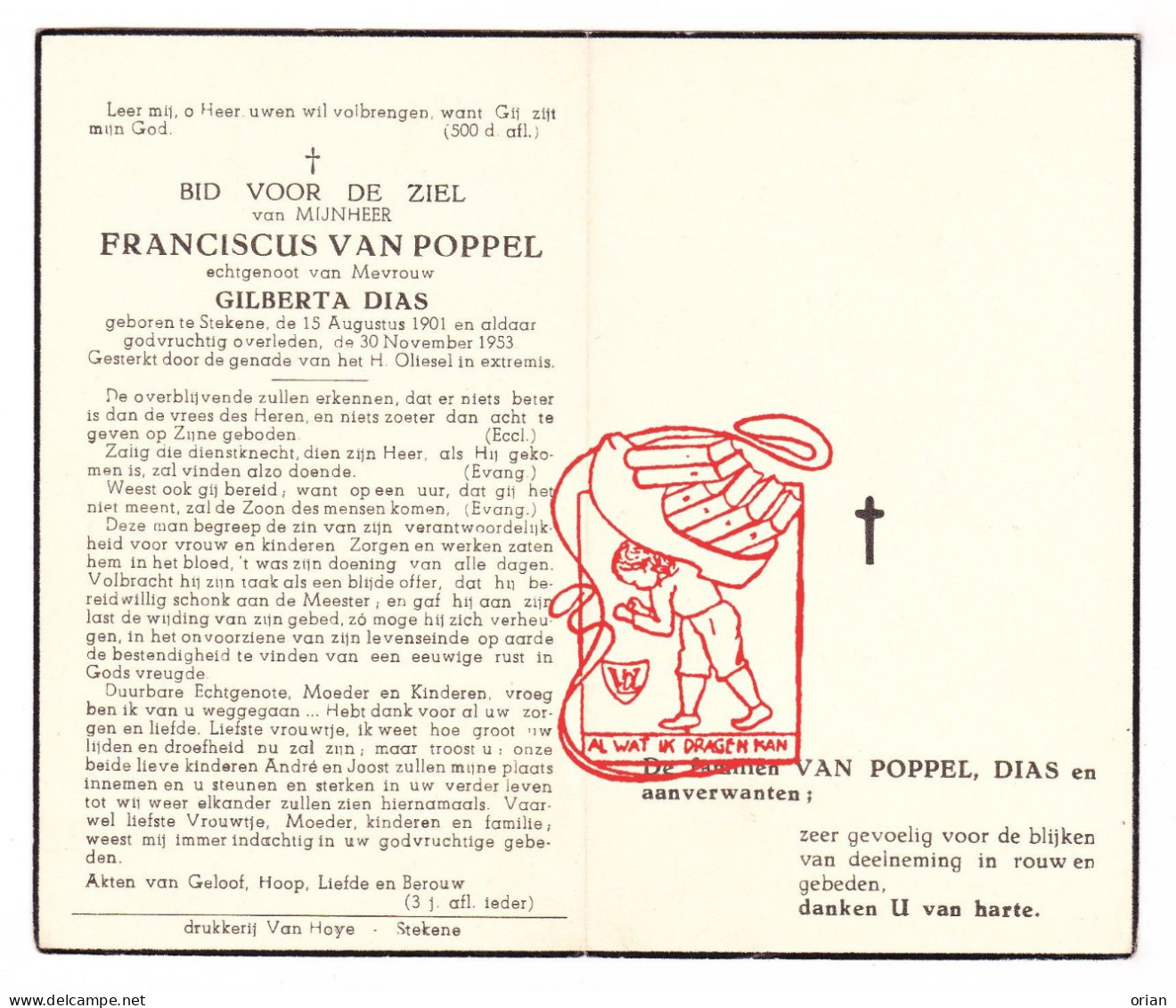 DP Franciscus Van Poppel 52j. ° Stekene 1901 † 1953 X Gilberta Dias - Devotion Images