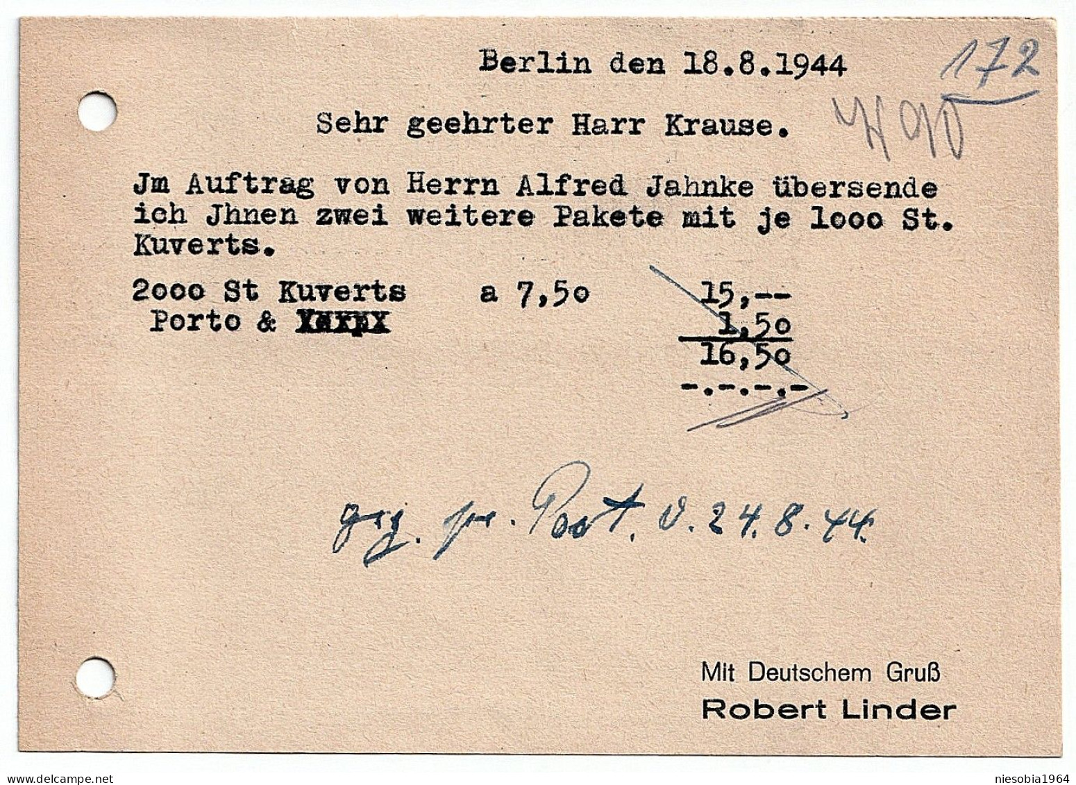 Firmen Postkarte Robert Linder Industrie-Vertretungen Metalbeschlage Berlin SW 68 Annenstrase 48 - WW2 18.08.1944 - Autres & Non Classés