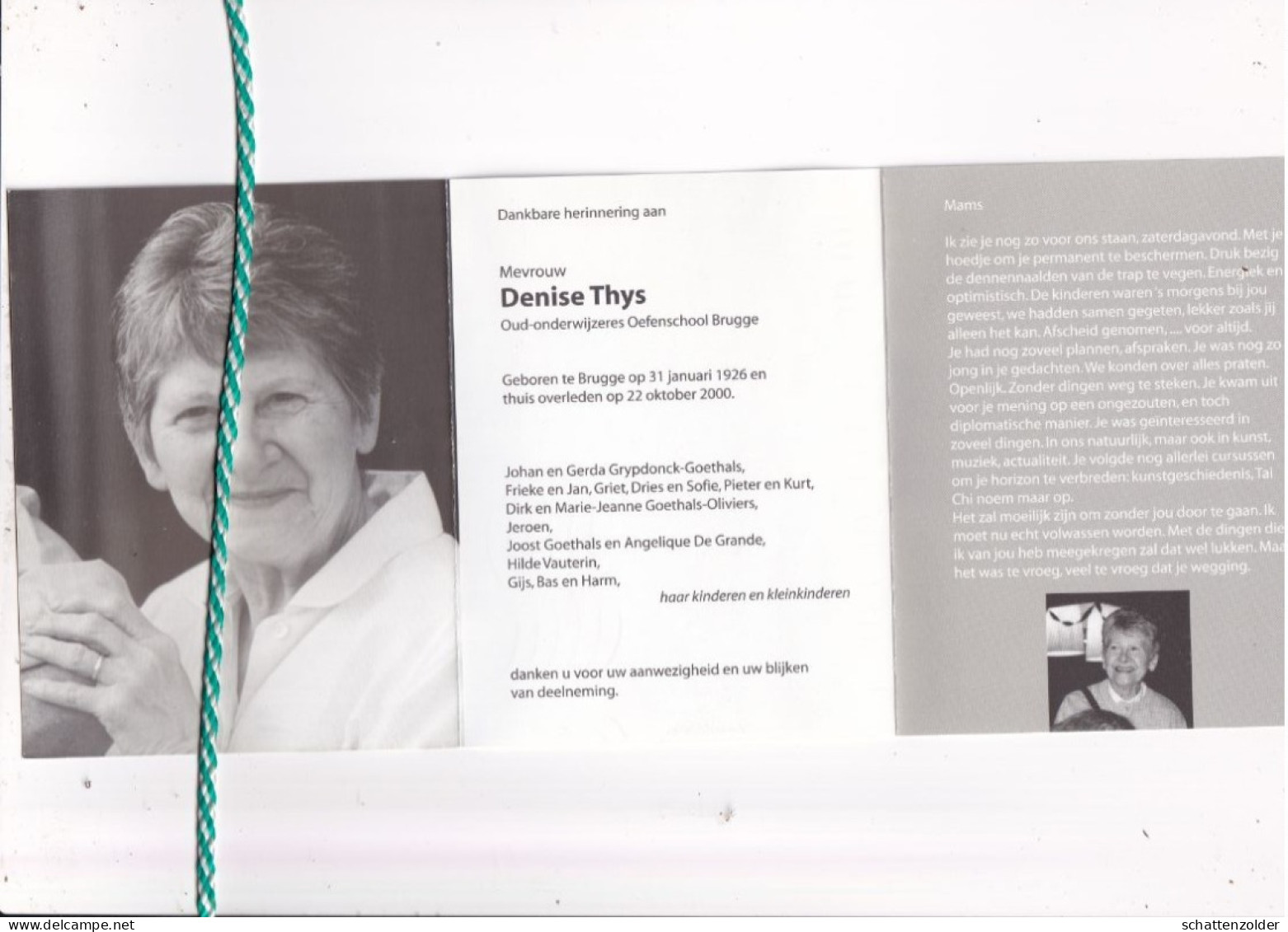 Denise Thys, Brugge 1926, 2000. Oud Onderwijzeres Oefenschool Brugge; Foto - Overlijden
