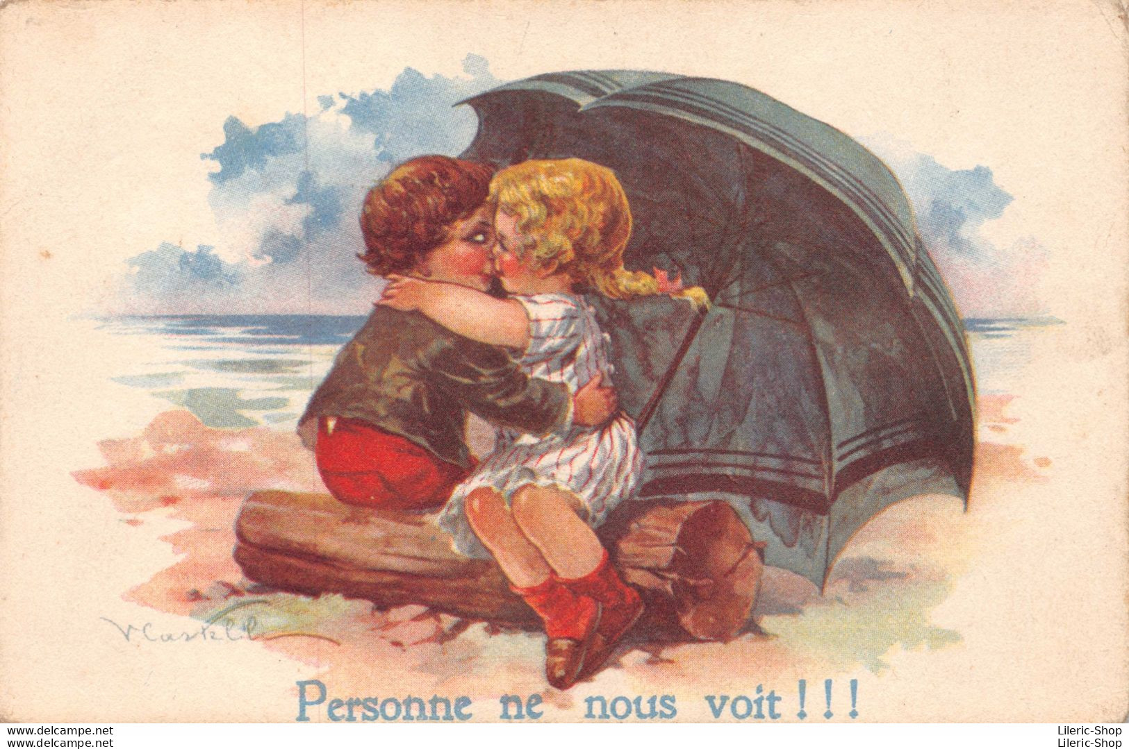 ILLUSTRATEUR V.CASTELLI - "Personne Ne Nous Voit" # COUPLE # ENFANTS # AMOUREUX # BAISER CPA 1921 ( ͡♥ ͜ʖ ͡♥) ♥ - Geklede Dieren