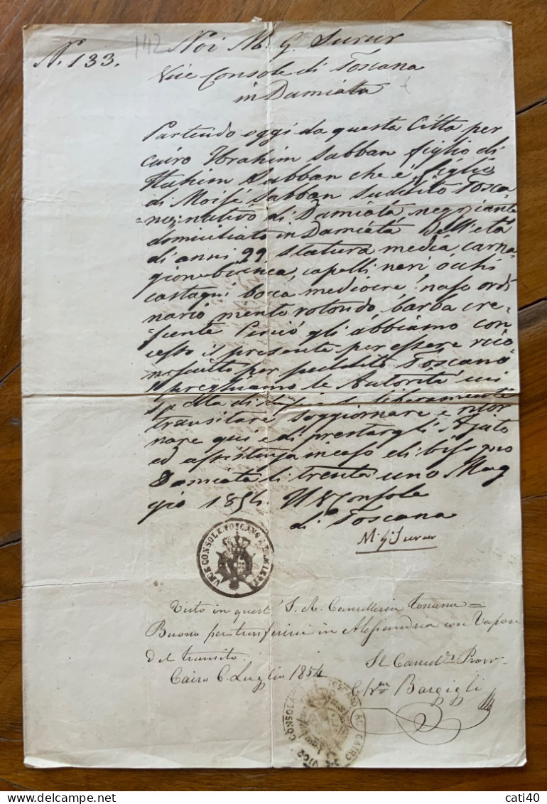 G.D.TOSCANA - VICECONSOLATO TOSCANO A DAMIETTA + VICE CONSOLATO DEL CAIRO  E  FIRME Dei CONSOLI -CAIRO  6 Luglio 1854 - - Historical Documents
