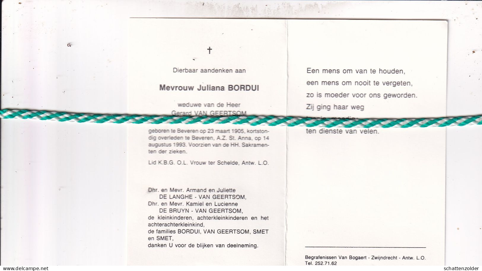 Juliana Bordui-Van Geertsom, Beveren 1905, 1993 - Obituary Notices