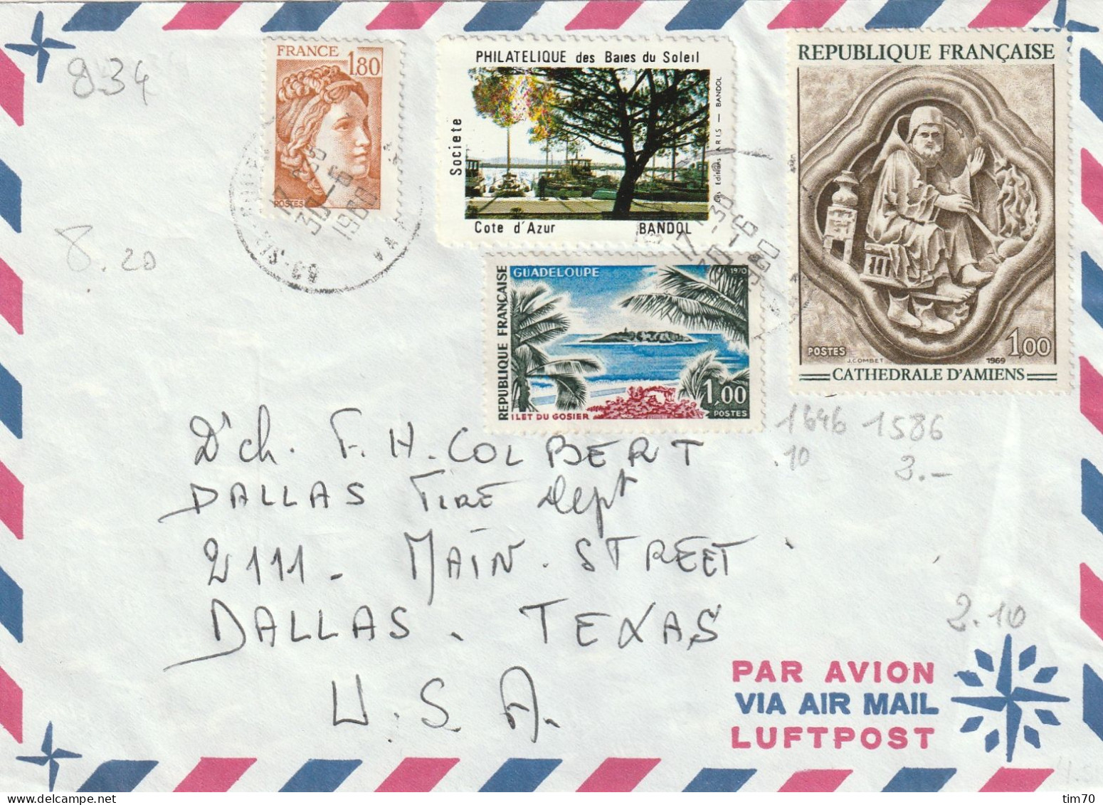 CAD 83  SIX FOURS LES PLAGES   / N° 1586 + N° 1646  + N° 2061       POUR  DALLAS  TEXAS   U.S.A. - Manual Postmarks