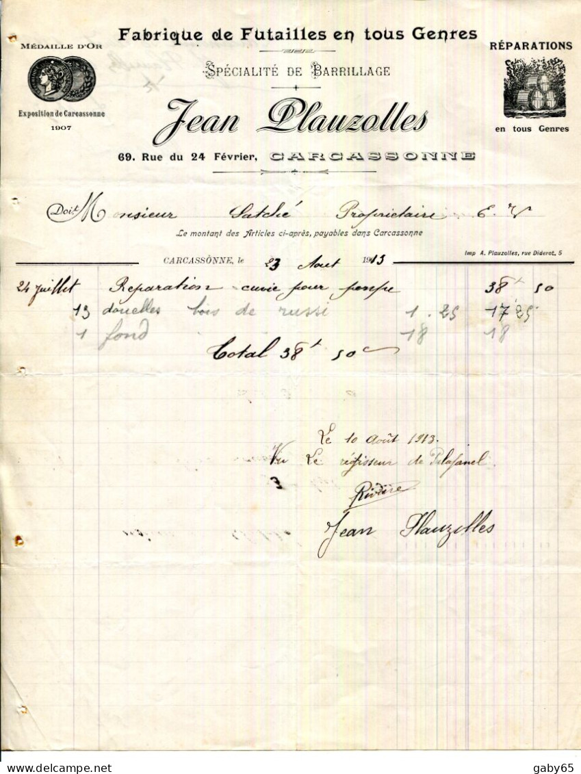 FACTURE.11.AUDE.CARCASSONNE.FABRIQUE DE FUTAILLES EN TOUS GENRES.JEAN PLAUZOLLES 69 RUE DU 24 FÉVRIER. - Old Professions