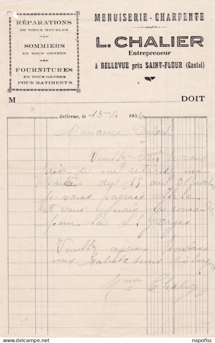 15-L.Chalier ..Menuiserie-Charpente...Bellevue Près Saint-Flour...(Cantal)...1934 - Old Professions