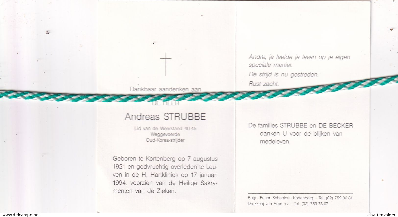 Andreas Strubbe, Kortenberg 1921, Leuven 1994. Weerstander 40-45, Oud Korea Strijder. - Décès