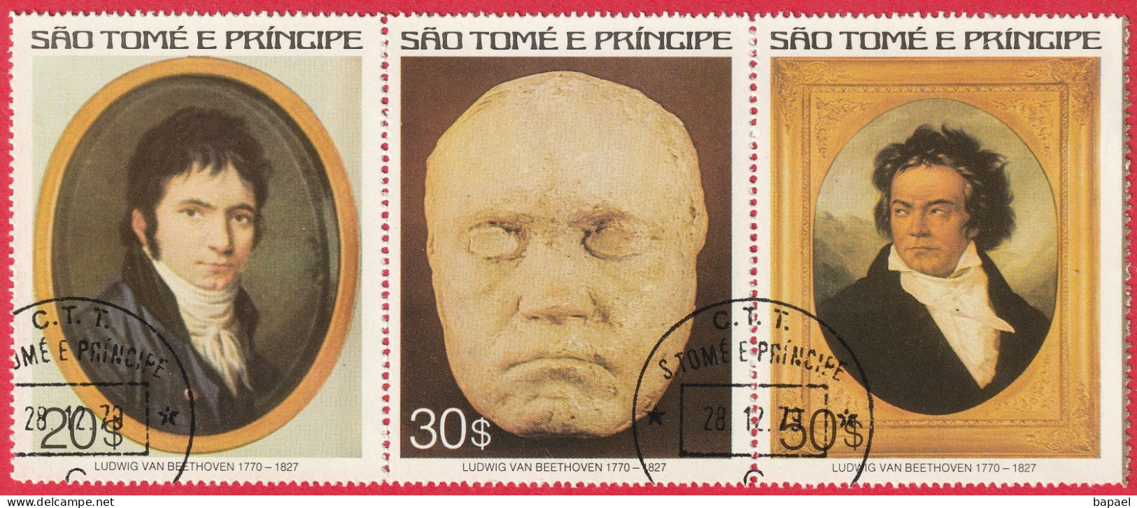 N° Yvert & Tellier 463 à 465 - Sao Tomé-et-Principe (1977) (Oblitéré) - 150è Anniv. Mort Beethoven (Cf Descriptif) - Sao Tome Et Principe