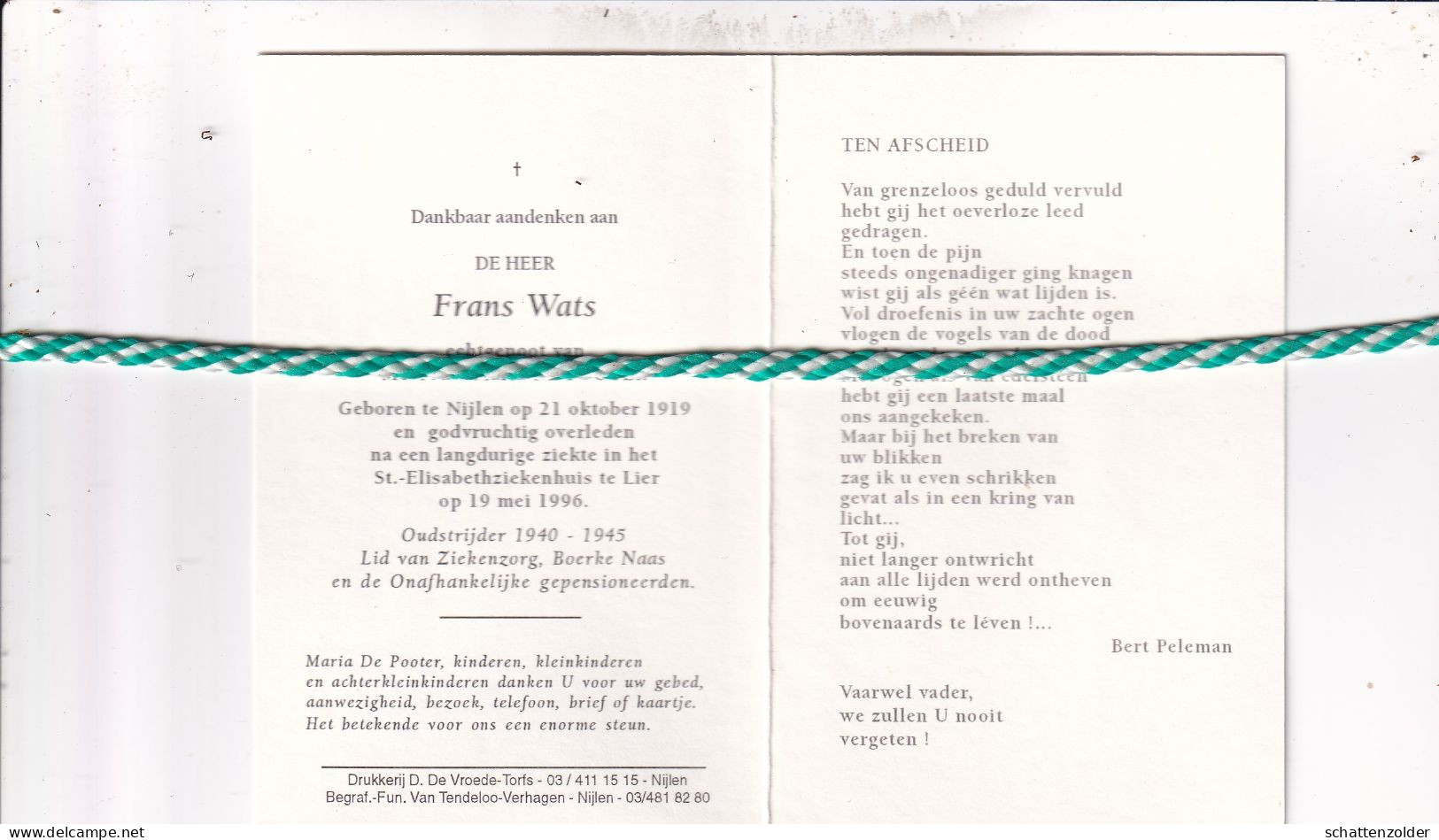 Frans Wats-De Pooter, Nijlen 1919, Lier 1996. Oud-strijder 40-45, Foto - Todesanzeige