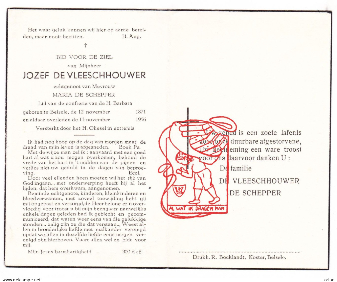 DP Jozef De Vleeschhouwer ° Belsele Sint-Niklaas 1871 † 1956 X Maria De Schepper - Devotion Images