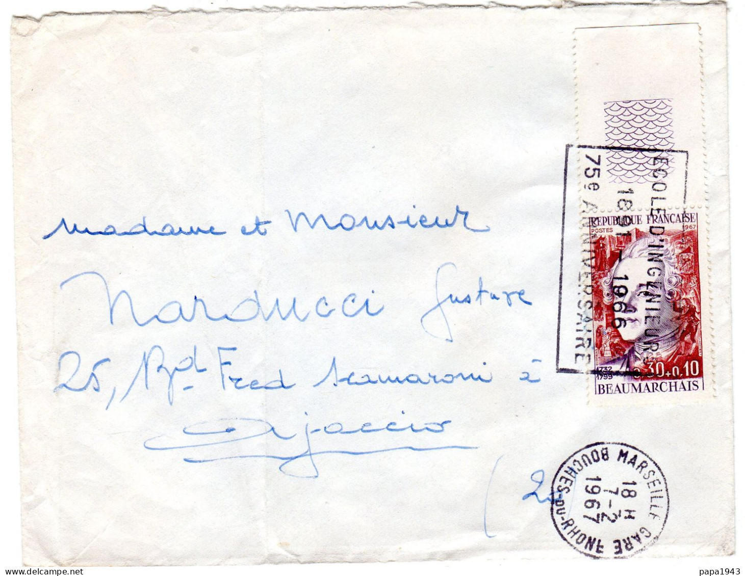 1967  CAD De MARSEILLE - GARE     T P   " BEAUMARCHAIS 0,30c + 0,10c " - Covers & Documents