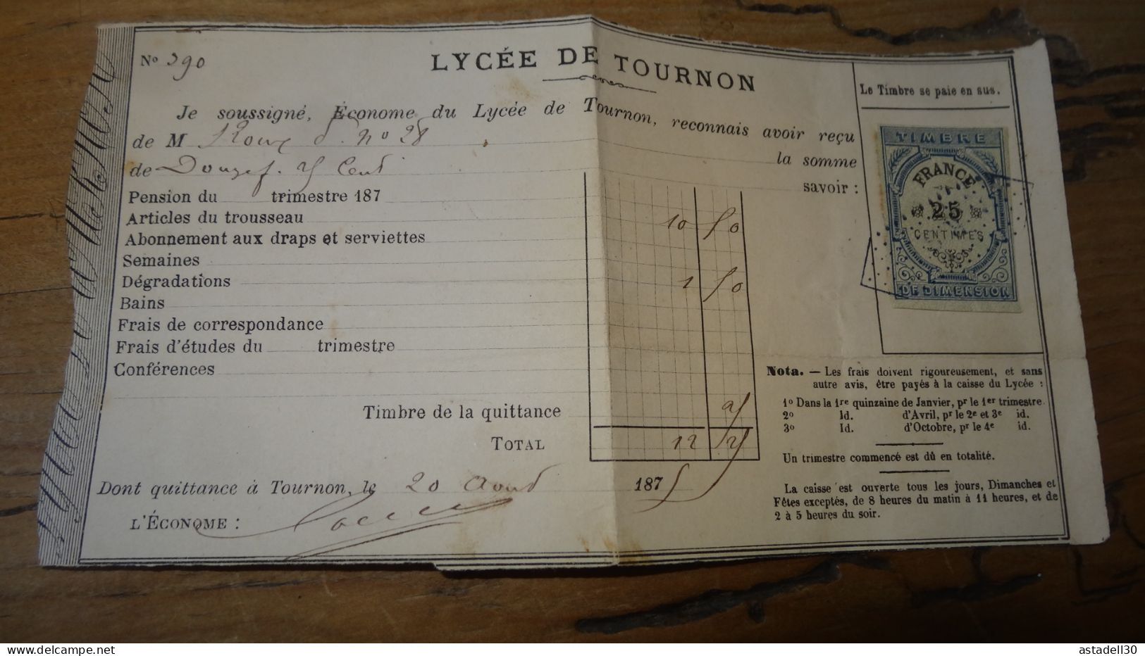 Quittance Du Lycée De TOURNON De 1875  ................... E3-85 - Non Classés