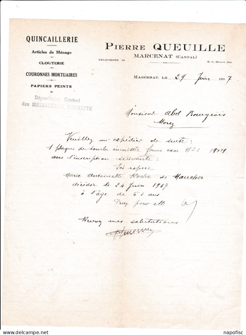 15-P.Queuille.....Quincaillerie, Articles De Ménage...Marcenat...(Cantal)...1937 - Other & Unclassified