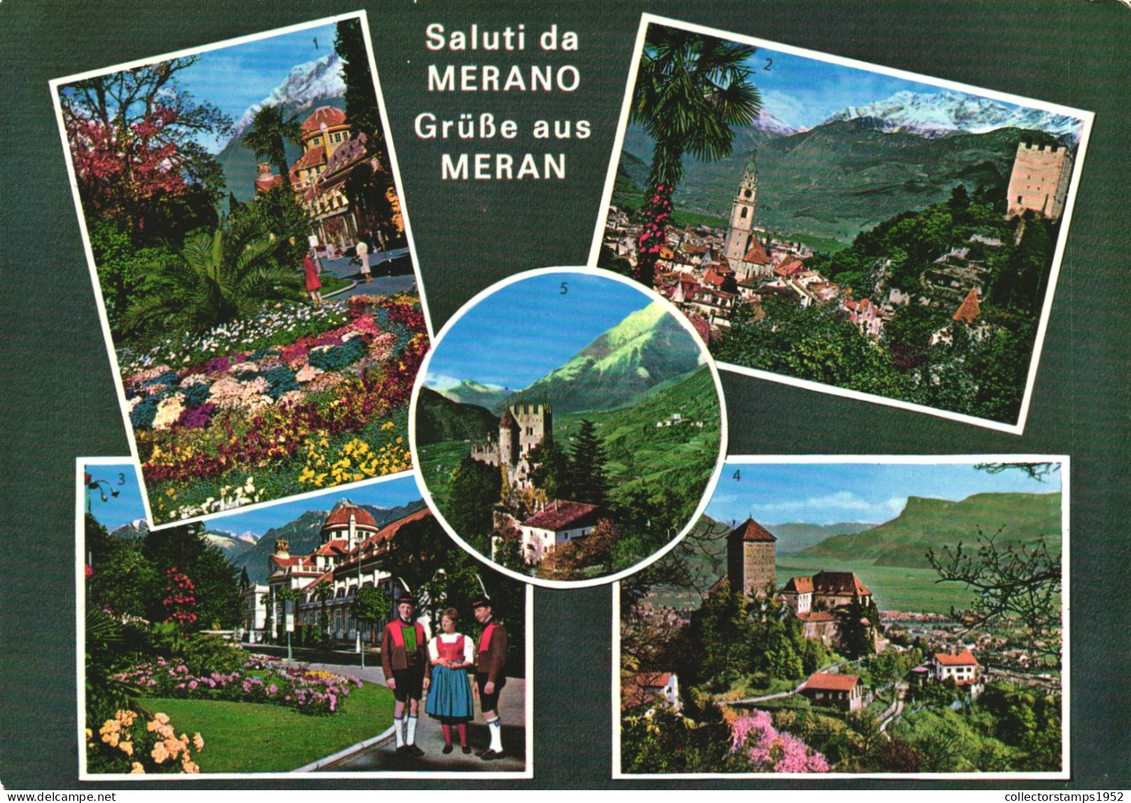 MERANO, MERAN, TRENTINO ALTO ADIGE, MULTIPLE VIEWS, ARCHITECTURE, PARK, MOUNTAIN, FOLKLORE, COSTUMES, ITALY, POSTCARD - Merano