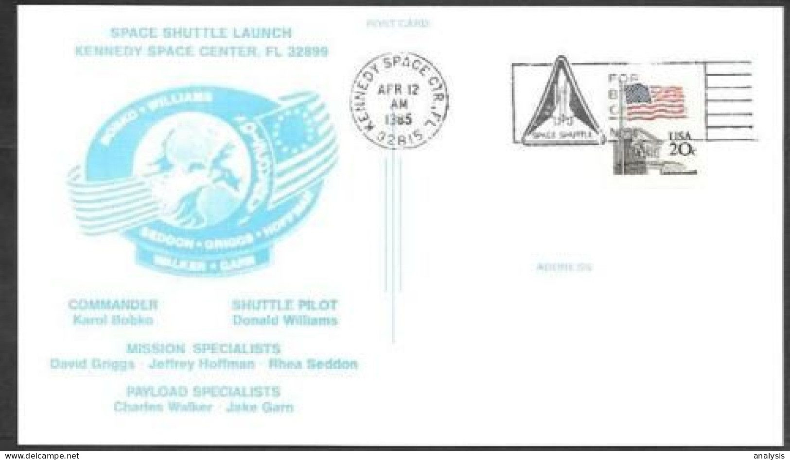 US Space Postcard 1985. Discovery STS-51D Launch. KSC - Etats-Unis