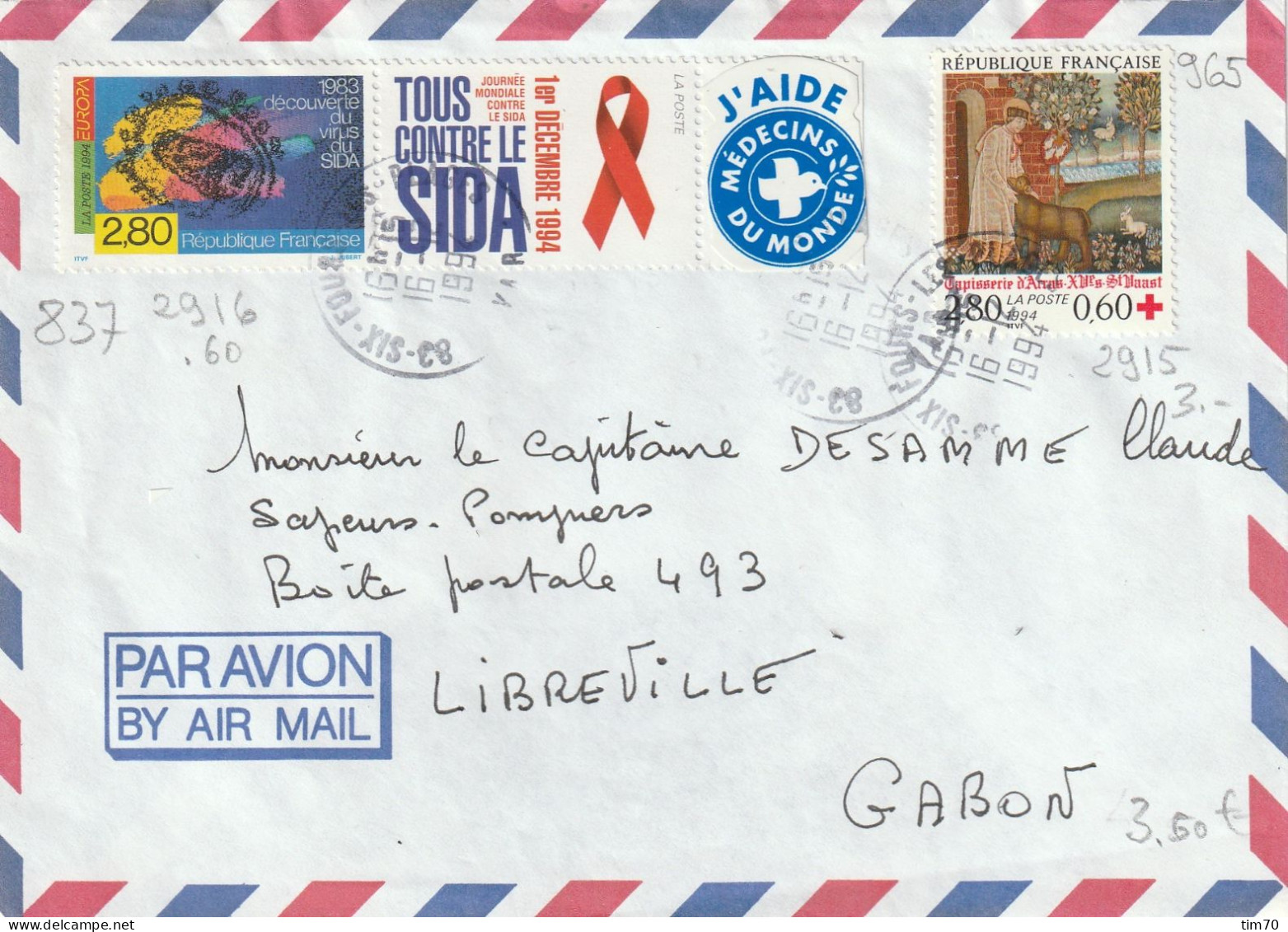 CAD 83  SIX FOURS LES PLAGES   / N° 2915  + N° 2916  + VIGNETTE      POUR LIBREVILLE   GABON - Handstempel