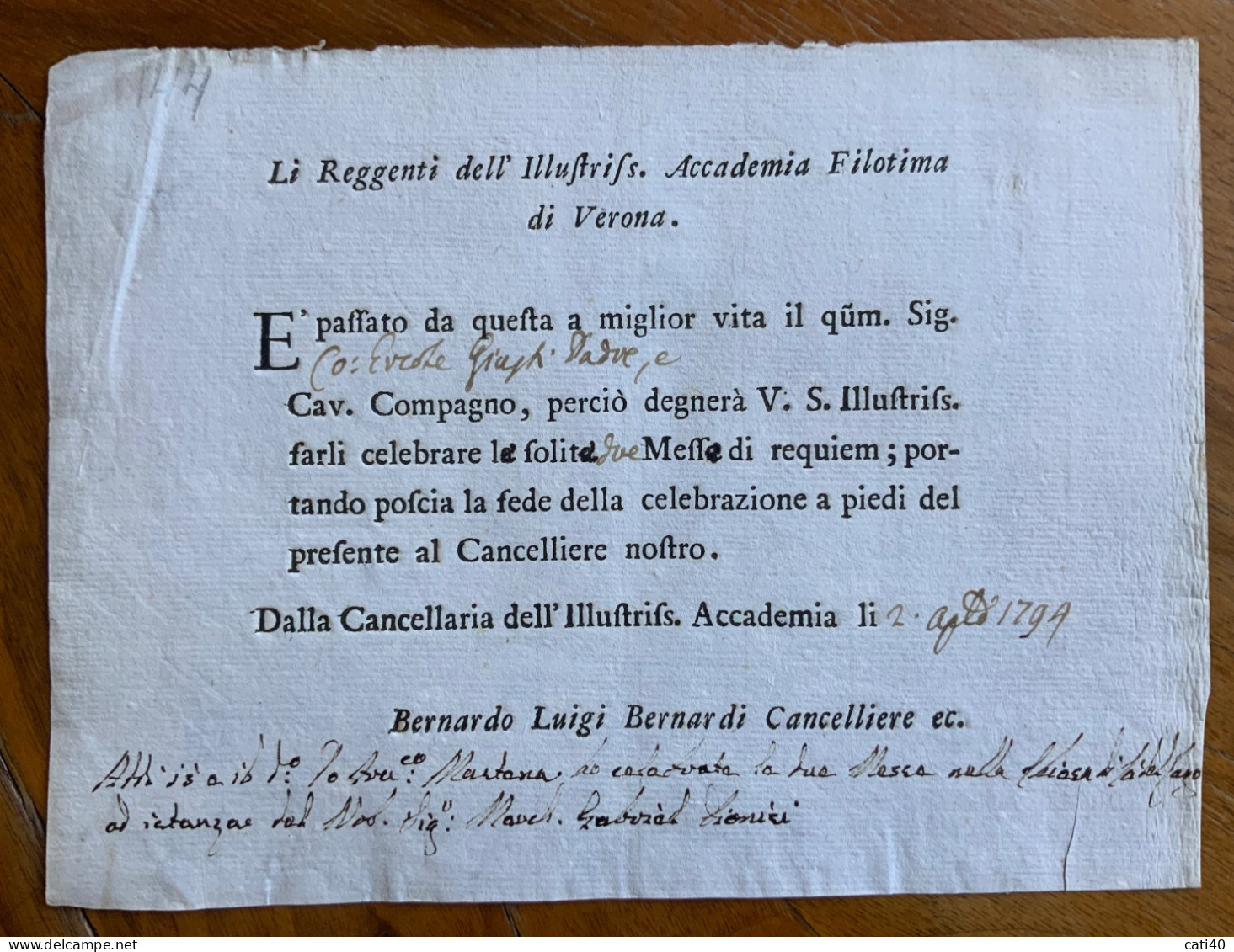 ACCADEMIA FILOTIMA IN VERONA - DOCUMENTO DI BERNARDO LUIGI BERNARDI  IN DATA 2 AGOSTO 1794 - Documents Historiques