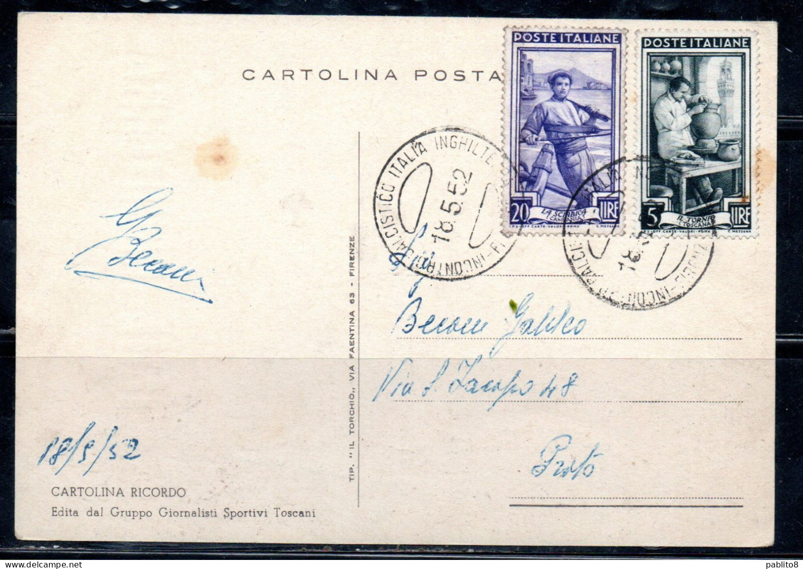 ITALIA REPUBBLICA ITALY REPUBLIC 18 05 1952 IN RICORDO DI ITALIA-INGHILTERRA CALCIO MAXI MAXIMUM CARD CARTOLINA CARTE - Maximum Cards