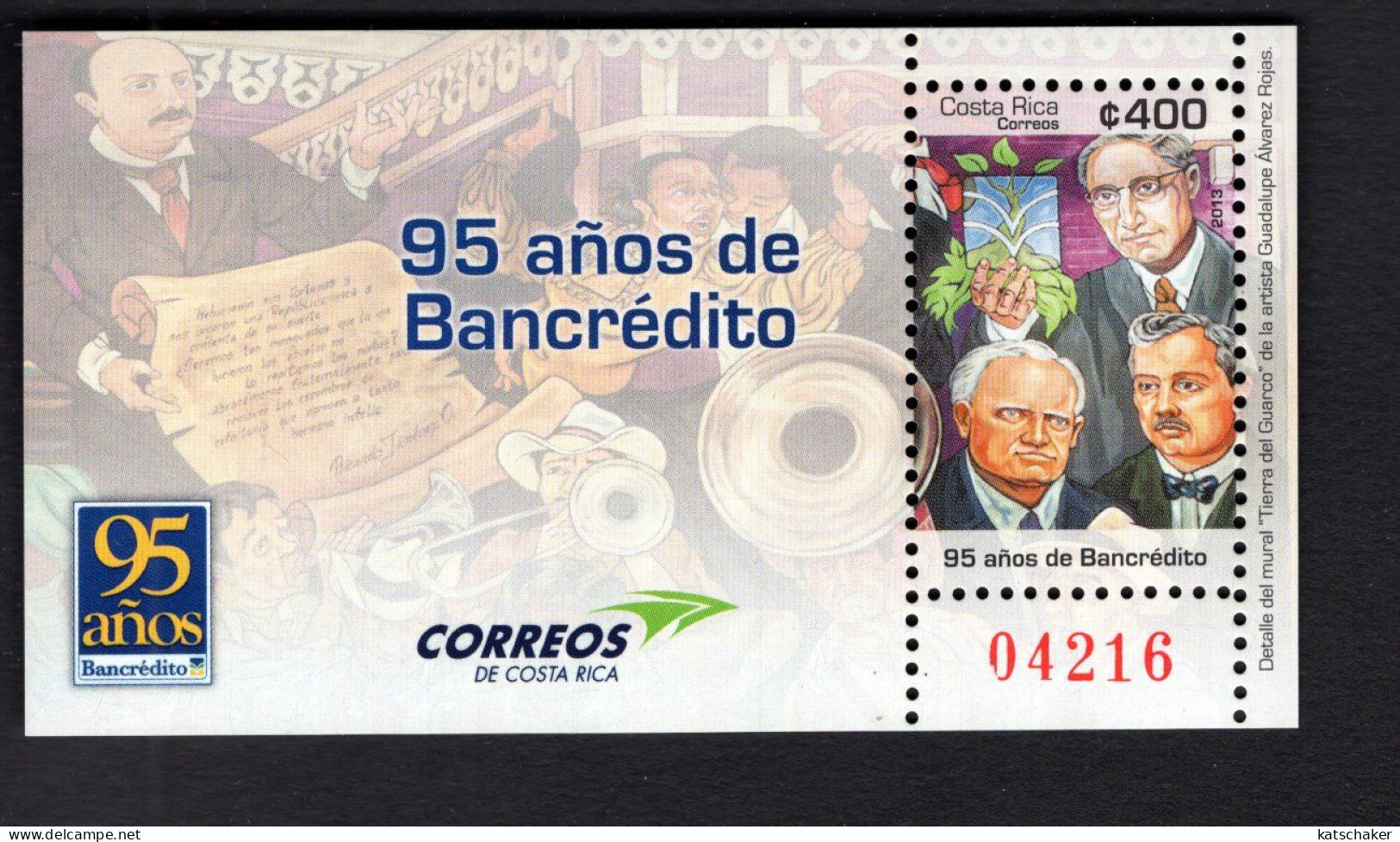 20320076359 2013 (XX) SCOTT 654 POSTFRIS MINT NEVER HINGED -  BANCREDITO COMMERCIAL BANK - 95 TH ANNIV - Costa Rica