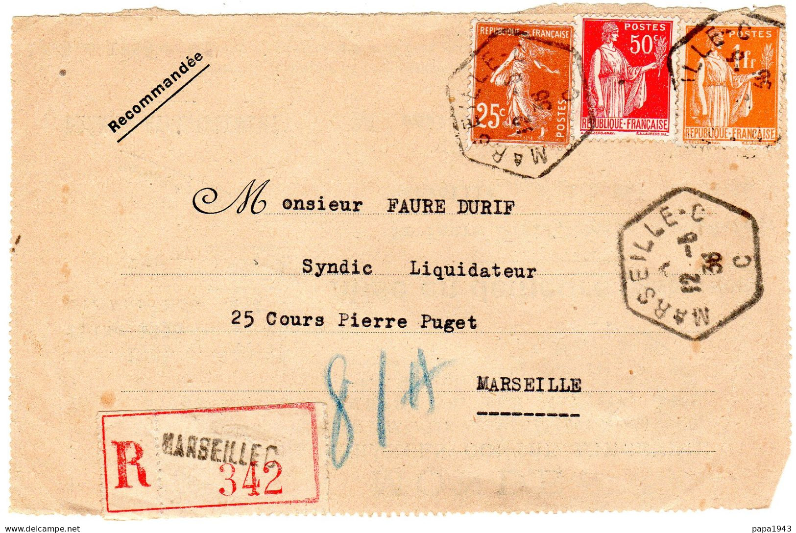 1936 Recommandé De MARSEILLE CAD HEXAGONAL  T P Semeuse 25c + Paix 50c  +1f - Covers & Documents