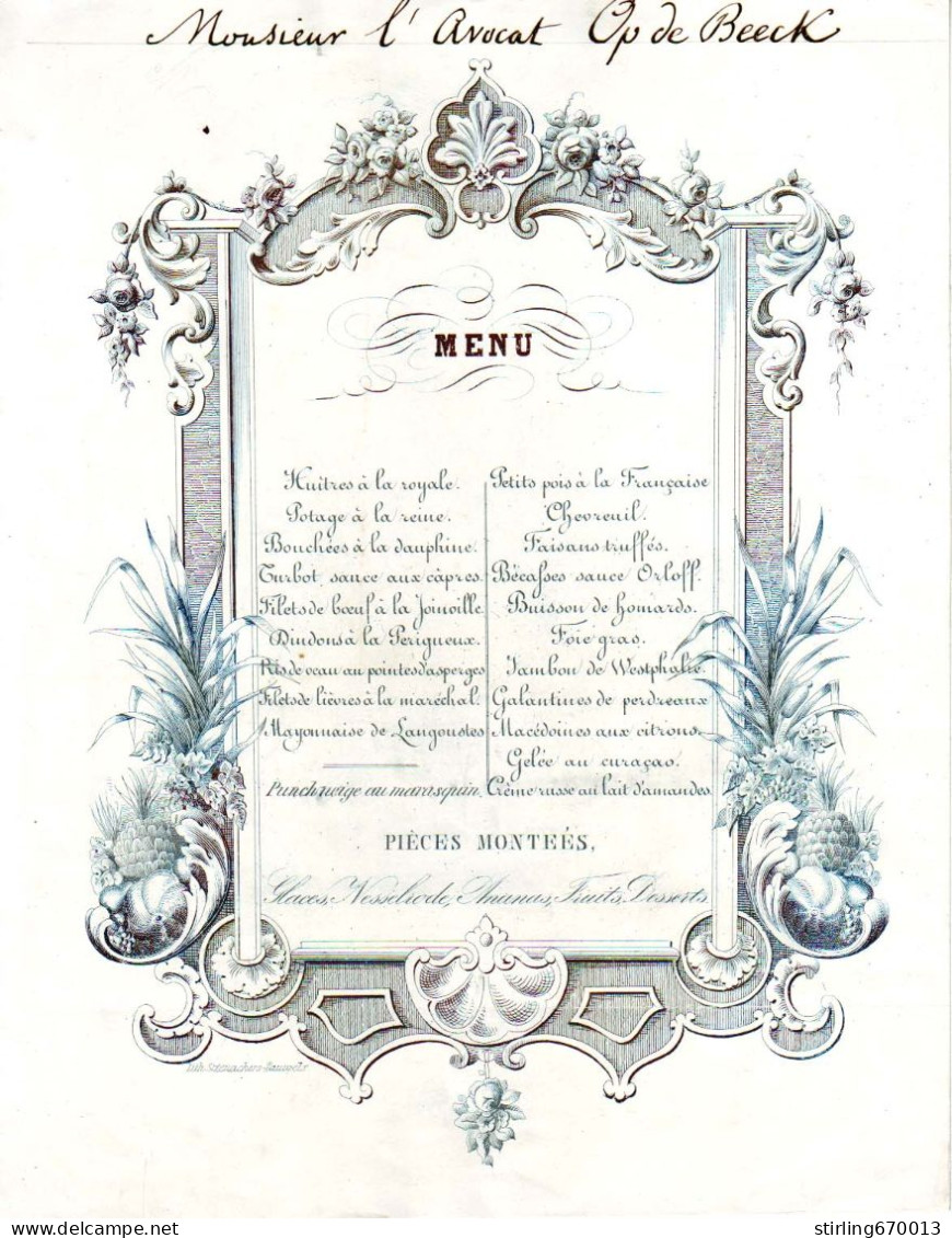 DE 1898 - Carte Porcelaine - Menu De M. 'Avocat Op De Beeck Imp Steenackers-Pauwels - Andere & Zonder Classificatie