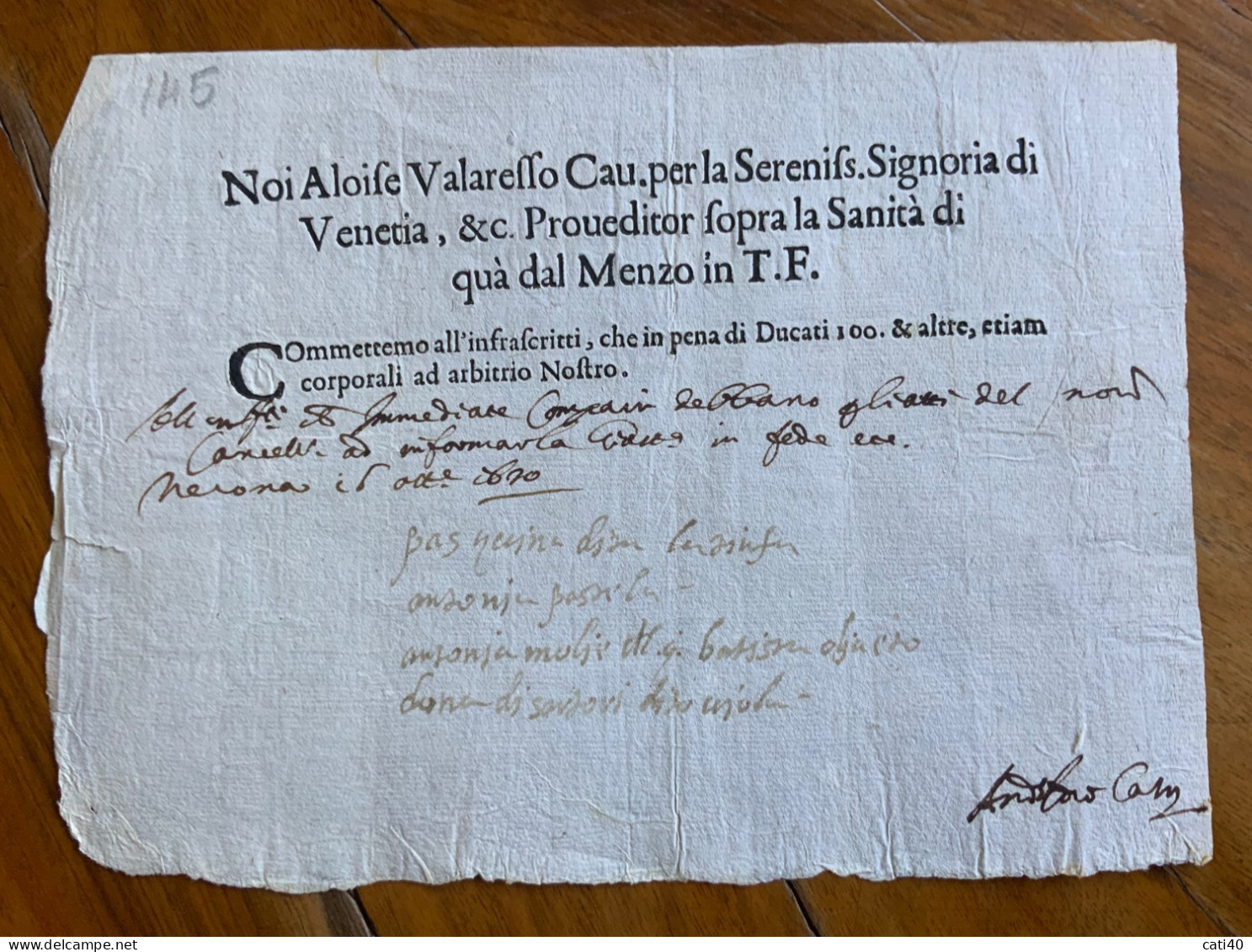 SERENISSIMA SIGNORIA DI VENEZIA - IL PROVVEDITORE ALLA SANITA' "..pena Ducati 100 & Altre...corporali..." 6 Ottobre 1620 - Documents Historiques