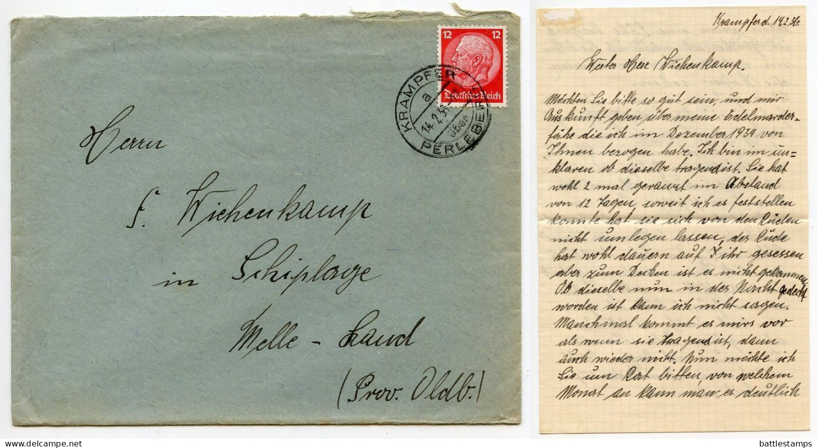 Germany 1936 Cover & Letter; Krampfer über Perleberg To Schiplage; 12pf. Hindenburg - Lettres & Documents